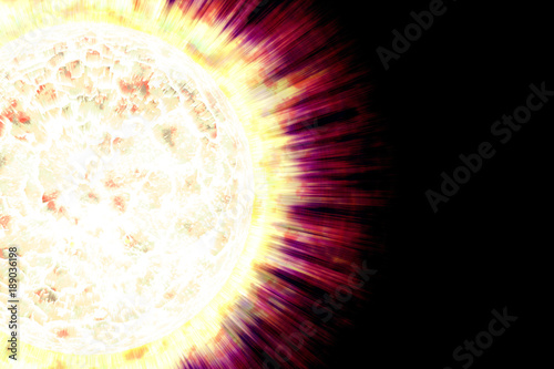 Close up view of a burning sun in space. Fiery planet. Hot planet. The Sun from space showing all they beauty. Extremely sun. Coronary Emissions and Prominences on the Sun in Space