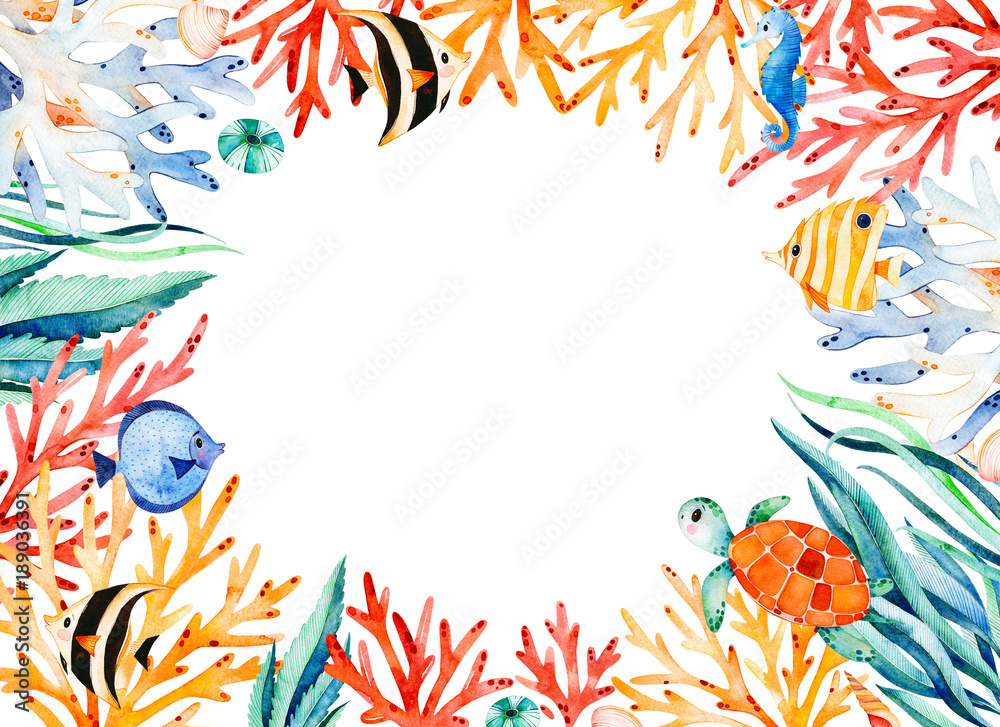 Naklejka premium Oceanic watercolor frame border with cute turtle,seaweed,coral reef,fishes,seahorse etc.Underwater creature.Perfect for invitations,party decorations,printable,craft project,greeting cards,wedding.