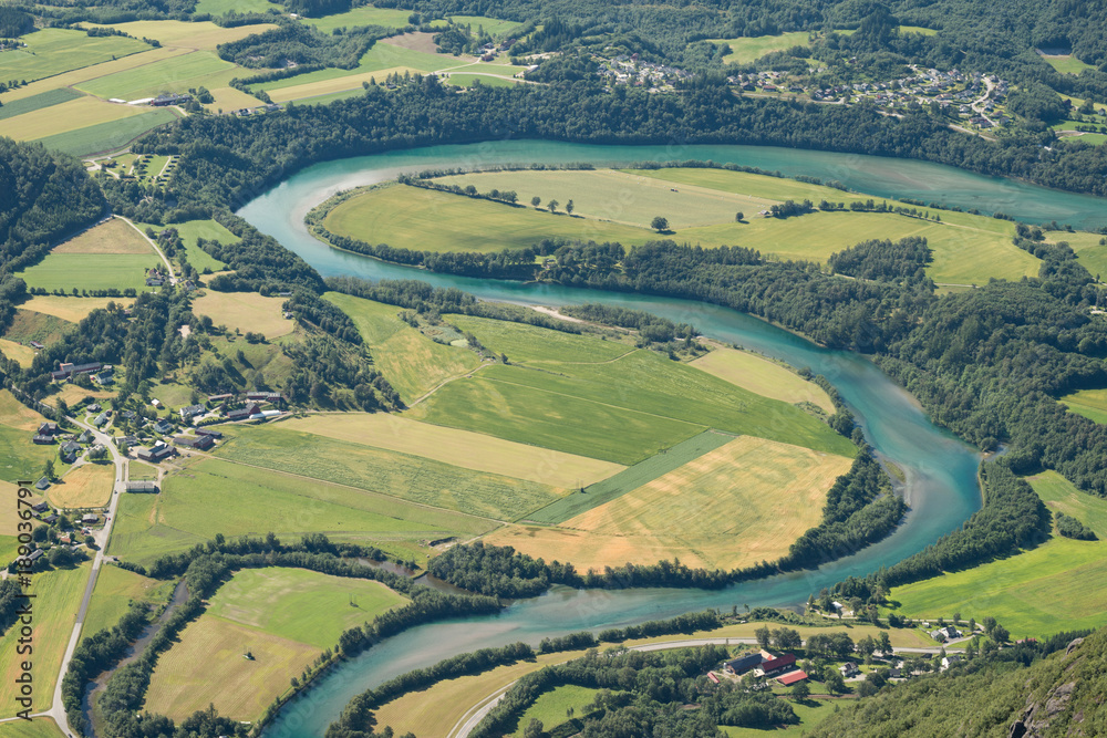Meandering river seen from Romsdalseggen ridge, Norway