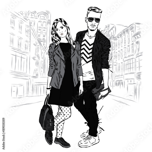 Beautiful man and woman on a city street. Vector illustration. Balls in the shape of heart  Valentine s Day and love.