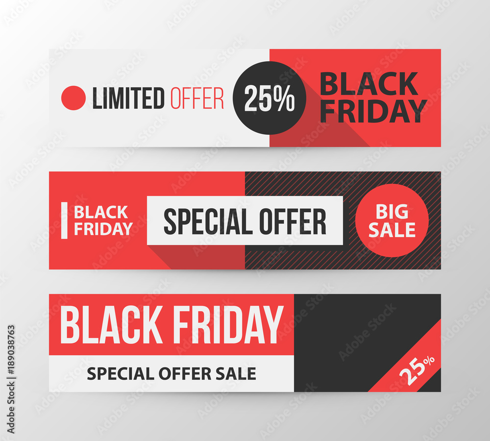 Three horizontal Black Friday banners in retro black and red style on gray background