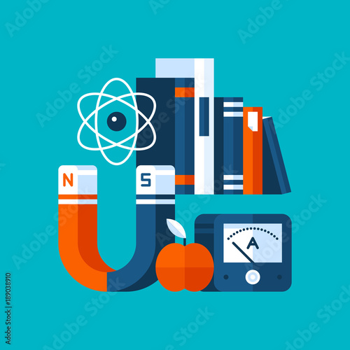 Colorful illustration about physics in modern flat style. College subject icon on cyan background. Big magnet with atomic model, books, apple.
