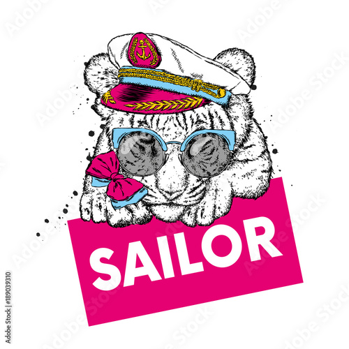 Fototapeta Naklejka Na Ścianę i Meble -  Tiger in the captain's cap. Vector illustration.
