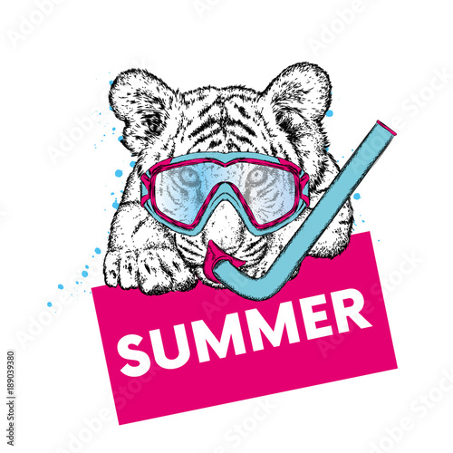 Fototapeta Naklejka Na Ścianę i Meble -  Tiger in a mask for diving. Vacation and sea. Swimming. Sport.
