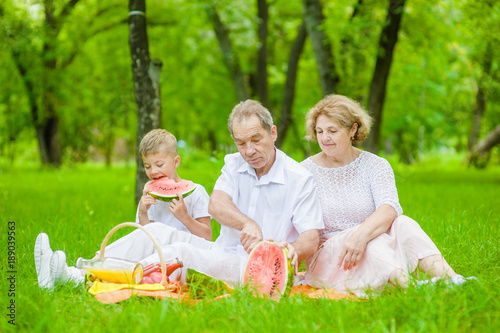 Happy family picnic. Grandparents and little boy eating watermelon in nature © Ermolaev Alexandr