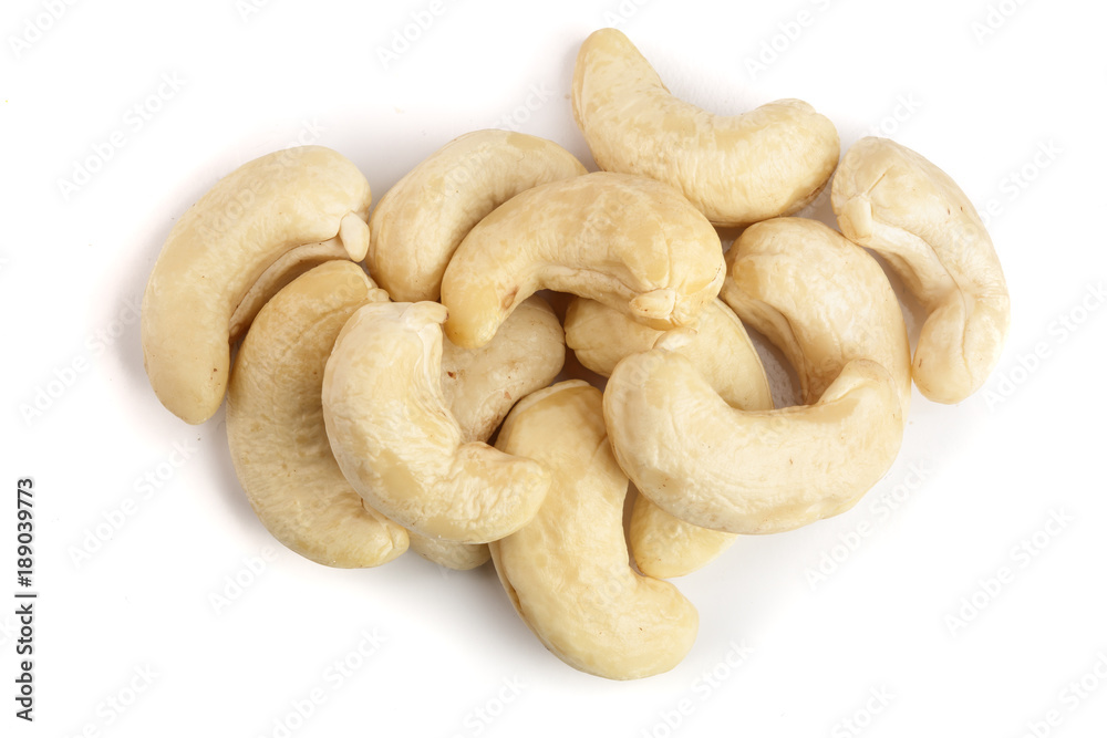 cashew nuts isolated on white background. top view. Flat lay cashew nuts isolated on white background. top view. Flat lay