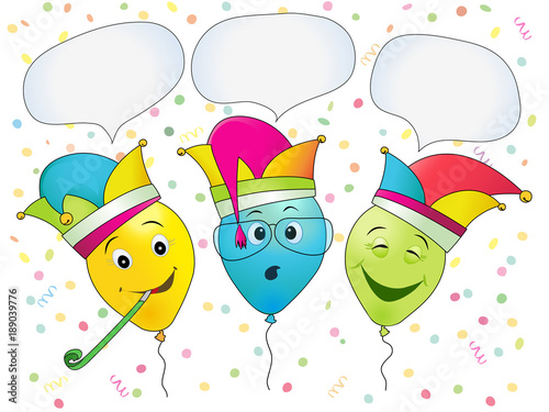 Faschings Party Einladung,
Lustige Faschings Luftballons mit leere Sprechblasen,
Vektor Illustration isoliert auf weißem Hintergrund
