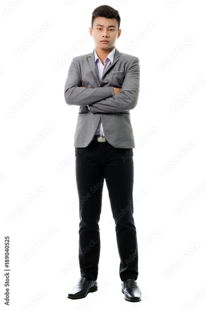Portrait of a young business man. Isolated full length on white background