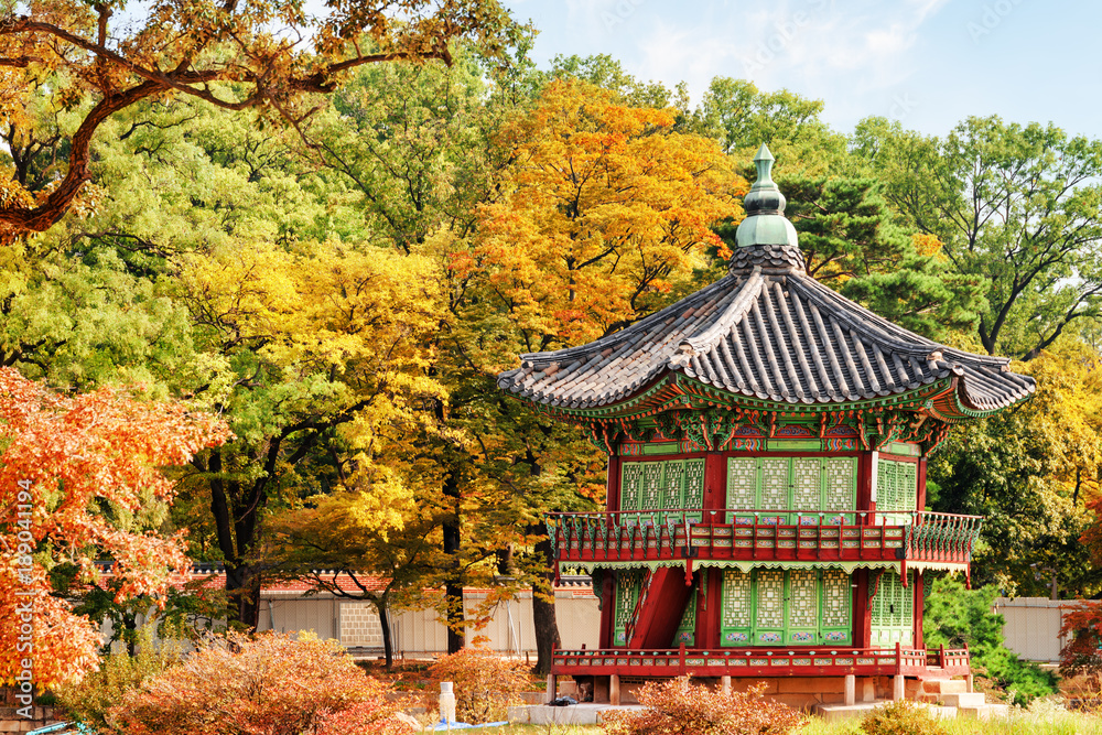 Beautiful view of Hyangwonjeong Pavilion at autumn garden, Seoul Beautiful view of Hyangwonjeong Pavilion at autumn garden, Seoul