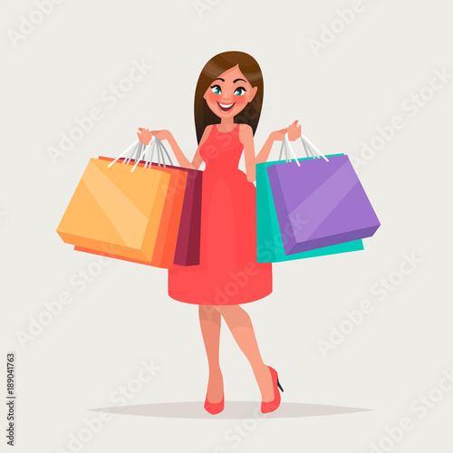 A woman is shopping. The girl with the packages. Fashionable. Vector illustration in cartoon style