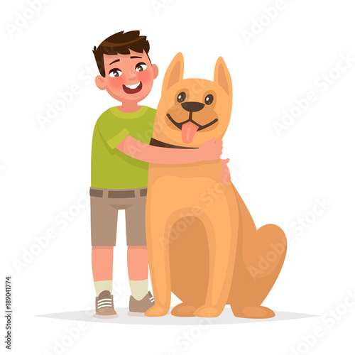 Cute boy hugging a dog on a white background. Friendship. Vector illustration in cartoon style