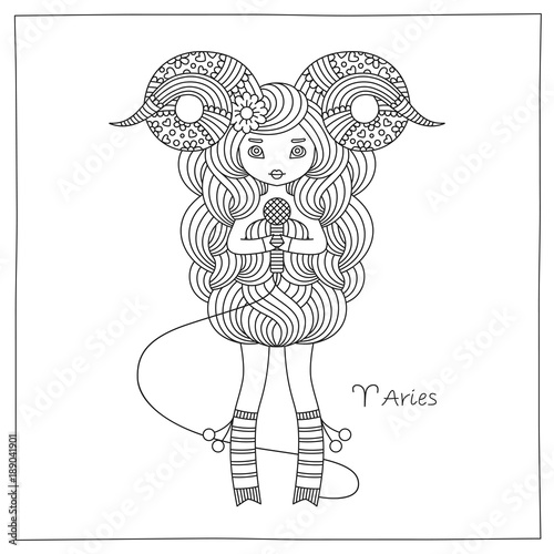 Zodiac sign Aries. Vector hand drawing illustration. Coloring book page for adults, kids. May be used as a print for your T-shirt design. photo