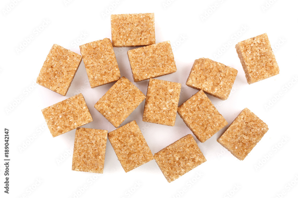 brown sugar cubes isolated on white background. Top view. Flat lay brown sugar cubes isolated on white background. Top view. Flat lay