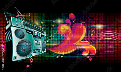 Boom box on bright colorful background