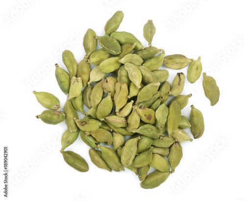 Green cardamom seeds isolated on white background. Top view. lay flat