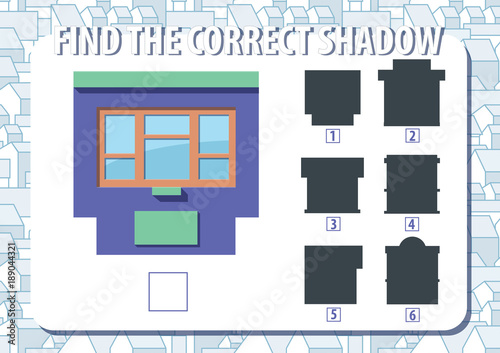 Game for kids. Find the correct shadow of kiosk. Horizontal, album orientation.