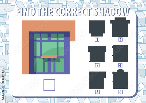 Game for kids. Find the correct shadow of kiosk. Horizontal, album orientation.