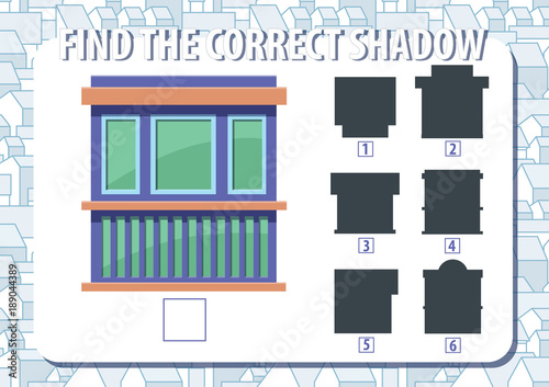 Game for kids. Find the correct shadow of kiosk. Horizontal, album orientation.