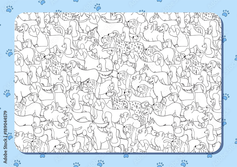 Coloring book with cute cartoon dogs. Different breeds. Background with paws. Horizontal album orientation.
