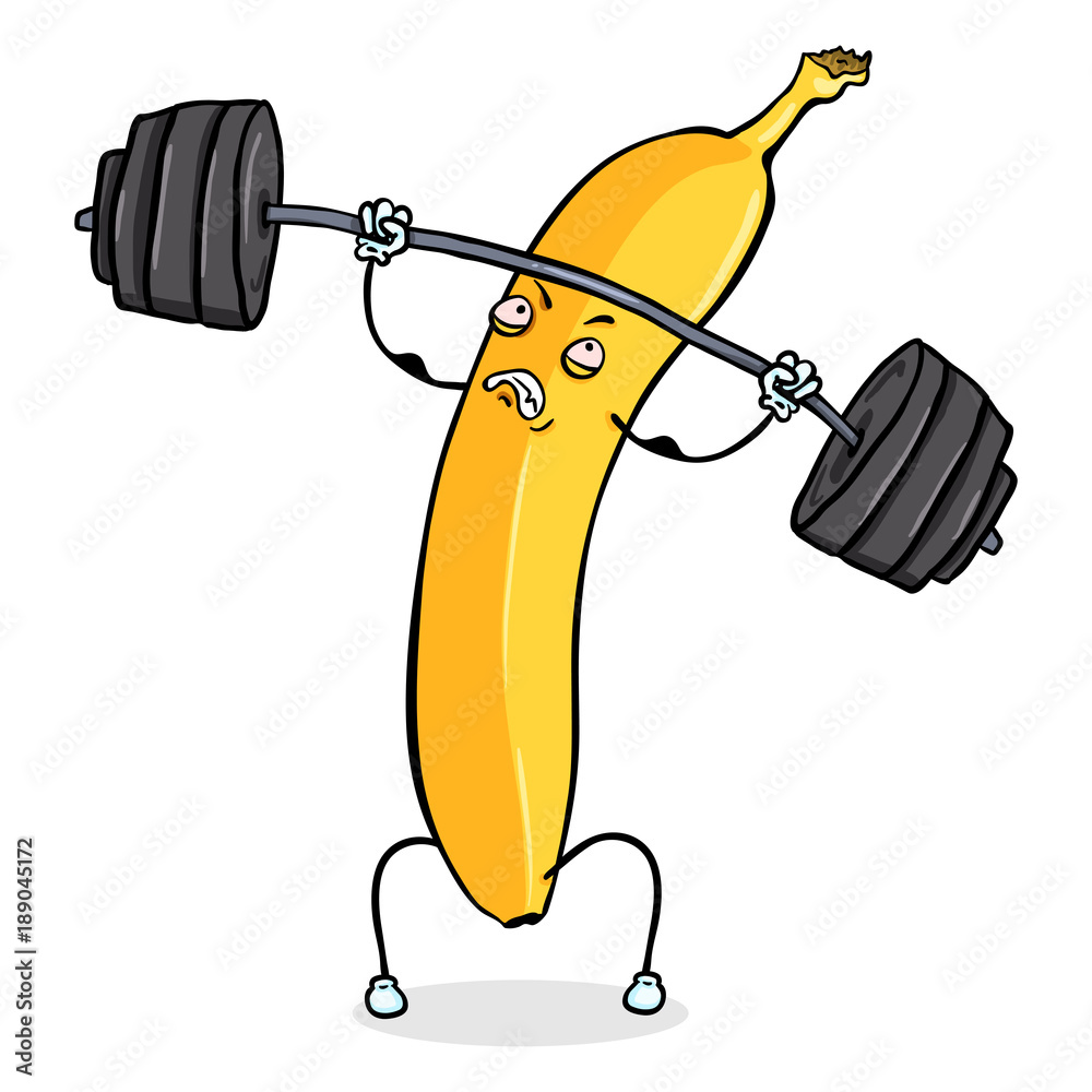 Vector Cartoon Character Banana Lifting Heavy Weight Barbell Stock