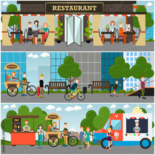 Street food and drink establishments vector flat illustration