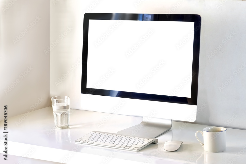 Fototapeta premium Stylish workspace mockup desktop computer, coffee mug on white wood.