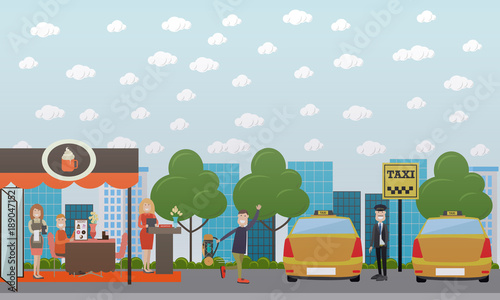 City street with cafe and taxi stand vector flat illustration