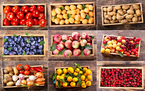 collage of various fruits and vegetables in wooden boxes