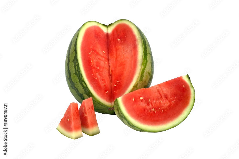 Green Watermelon Slice Close Up, Sliced in Red, White Background With Clipping Path Green Watermelon Slice Close Up, Sliced in Red, White Background With Clipping Path