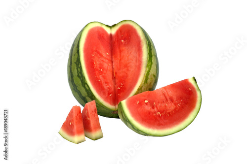 Green Watermelon Slice Close Up, Sliced in Red, White Background With Clipping Path