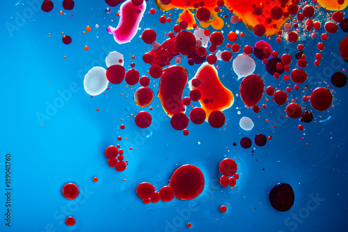 Red bubbles of blood cells on blue background closeup. Abstraction of medicine. Concept of micro processes and diseases