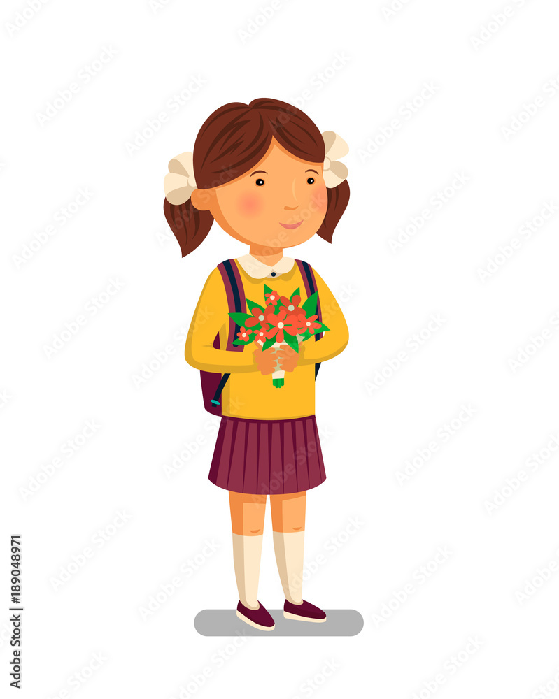 Schoolgirl . Happy schoolgirl with backpack holding bouquet of flowers for her teacher. Elementary school student. Flat cartoon illustration. First school year. Back to school. Schoolgirl . Happy schoolgirl with backpack holding bouquet of flowers for her teacher. Elementary school student. Flat cartoon illustration. First school year. Back to school.