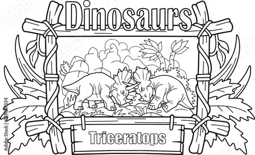 fight of two cartoon triceratops, funny illustration
