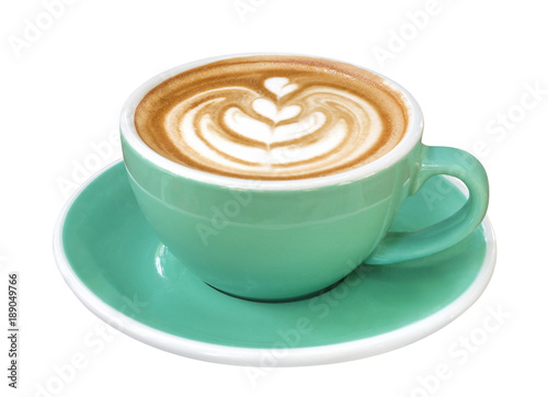 Hot coffee cappuccino latte art in jade color cup isolated on white background, clipping path included