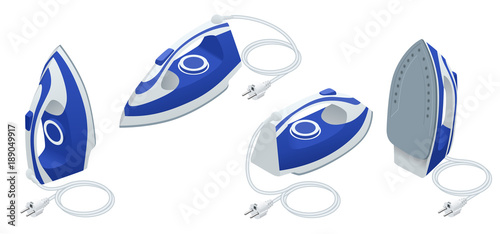Isometric set of steam iron isolated on white background.
