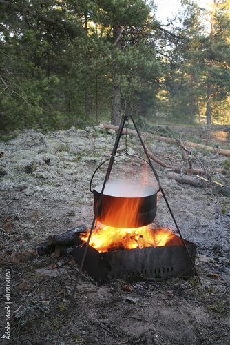 Cooking food at the stake during the stopping of travelers in the forest