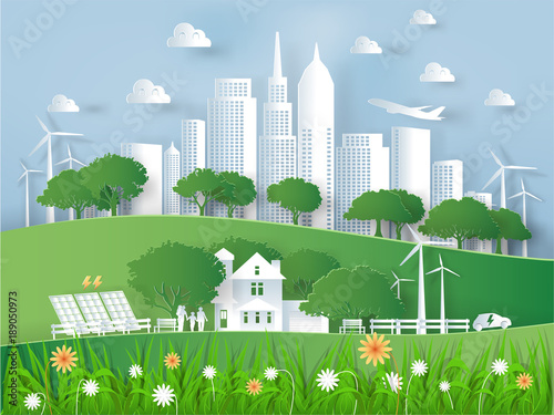 Illustration vector of modern eco city world environment and happiness family,graphic design of eco modern city in paper art style