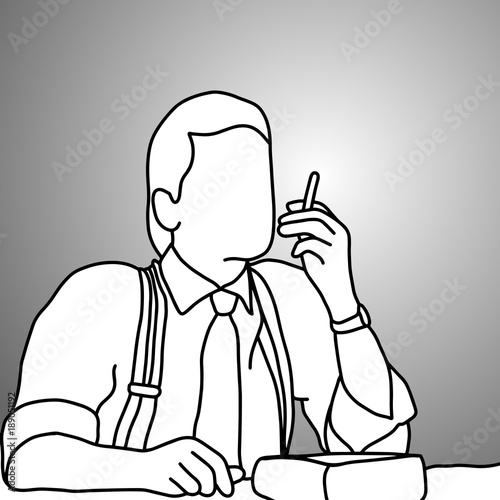 close-up businessman with suspenders or braces smoking cigarette on his desk vector illustration doodle sketch hand drawn with black lines isolated on gray background.
