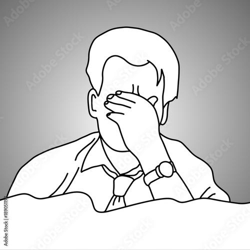 stressed businessman with hand on his face vector illustration doodle sketch hand drawn with black lines isolated on gray background.
