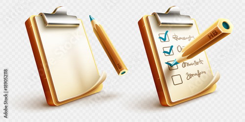 Icons of checklist things to do on clipboard with paper sheet