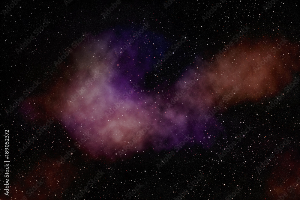 Abstract space. Digital illustration. Stars and purple nebula.