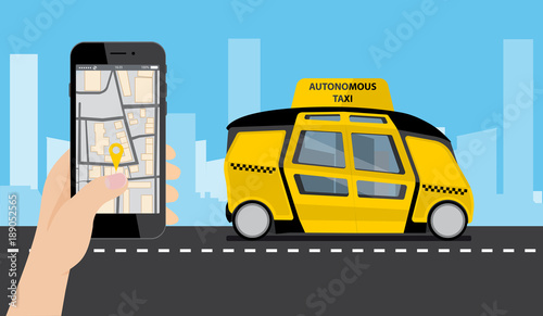 Hand with phone. On the device screen application for ordering a taxi. In the background, a self driving bus with a logo "Autonomous taxi". Vector illustration EPS 10. 