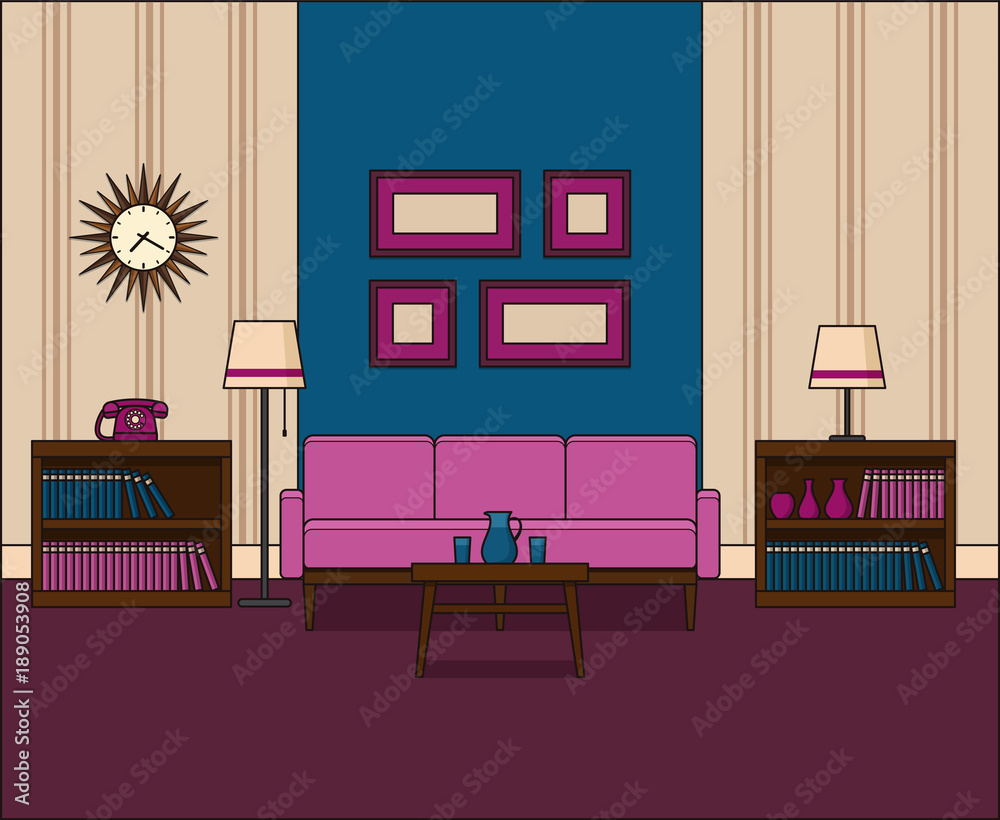 Room in flat design. Retro living room interior 60s in line art. Vector ...