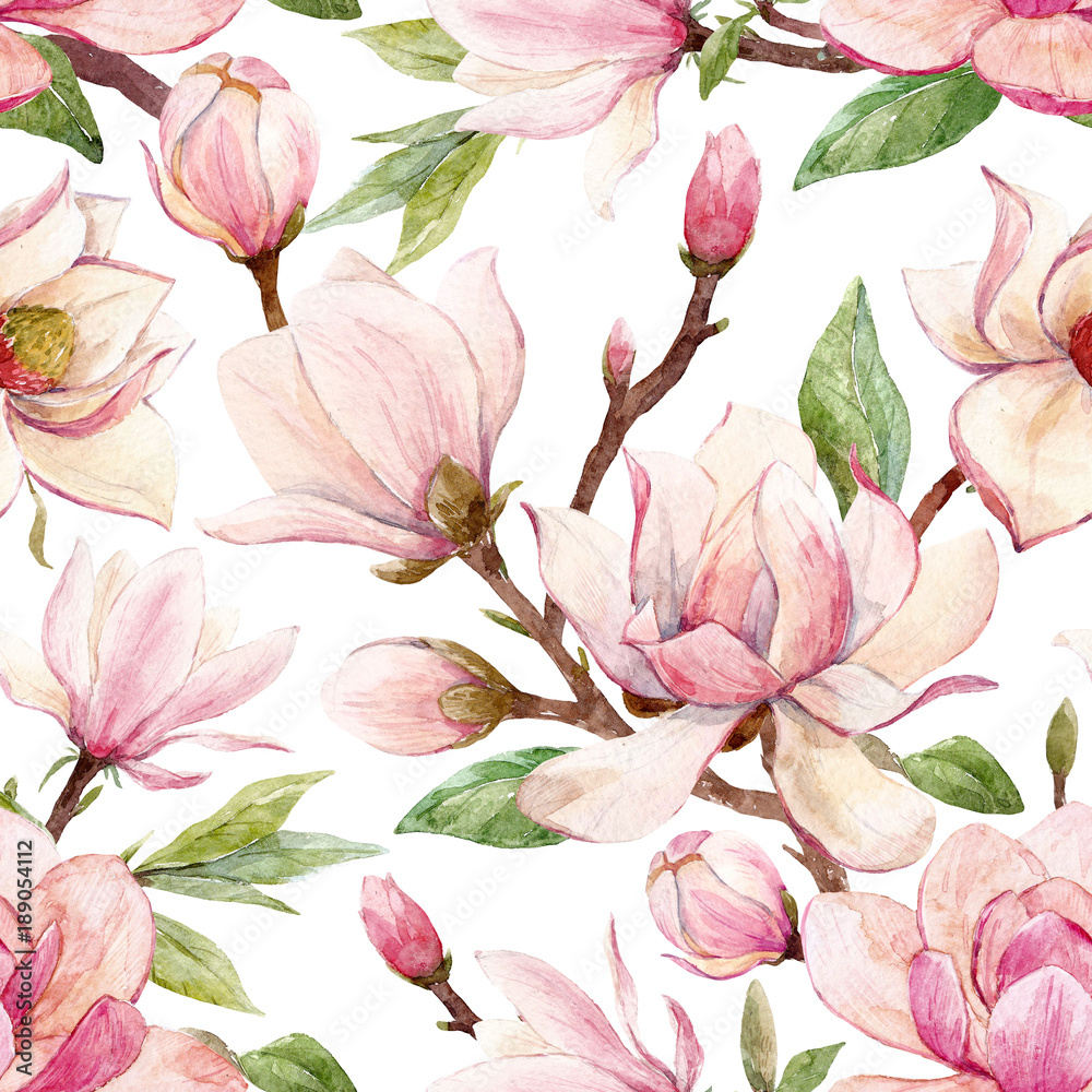 Fototapeta premium Watercolor magnolia floral pattern