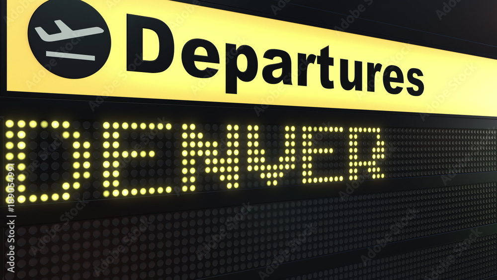 Flight to Denver on international airport departures board. Travelling to the United States conceptual 3D rendering Flight to Denver on international airport departures board. Travelling to the United States conceptual 3D rendering
