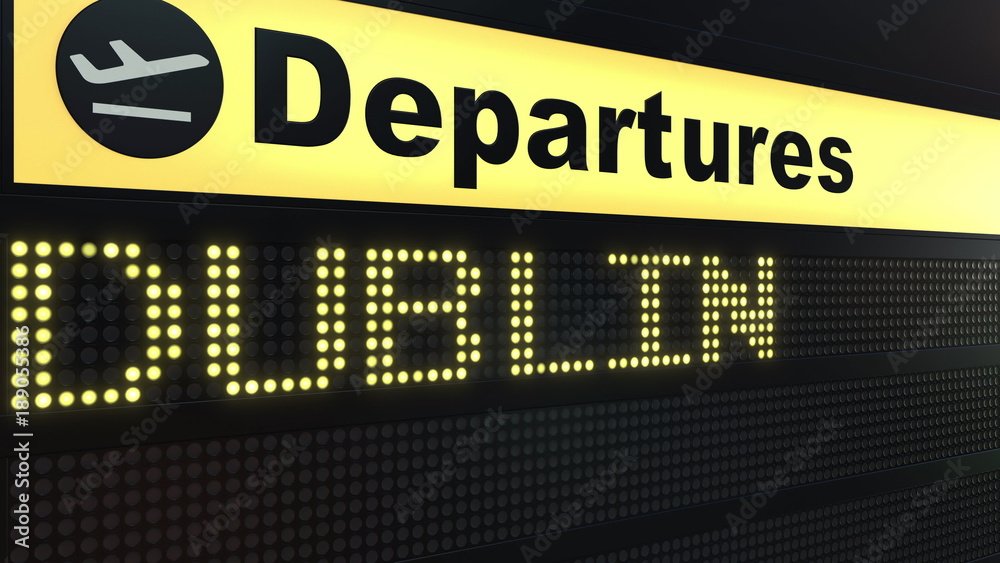 Flight to Dublin on international airport departures board. Travelling to Ireland conceptual 3D rendering