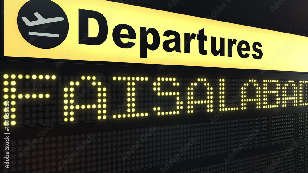 Flight to Faisalabad on international airport departures board. Travelling to Pakistan conceptual 3D rendering