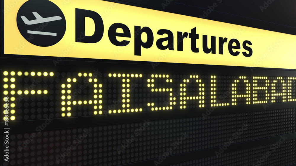 Flight to Faisalabad on international airport departures board. Travelling to Pakistan conceptual 3D rendering Flight to Faisalabad on international airport departures board. Travelling to Pakistan conceptual 3D rendering