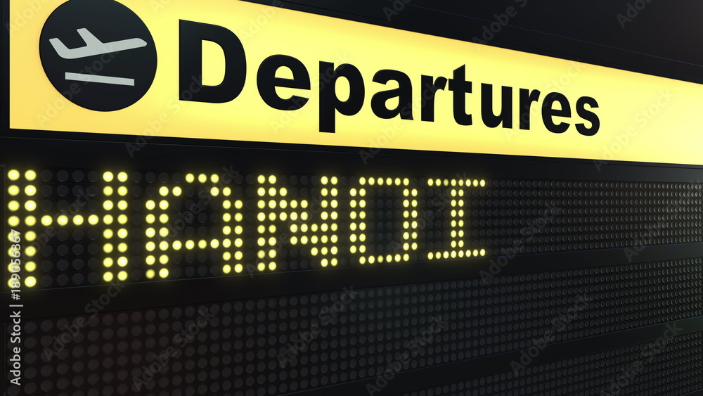 Flight to Hanoi on international airport departures board. Travelling to Vietnam conceptual 3D rendering