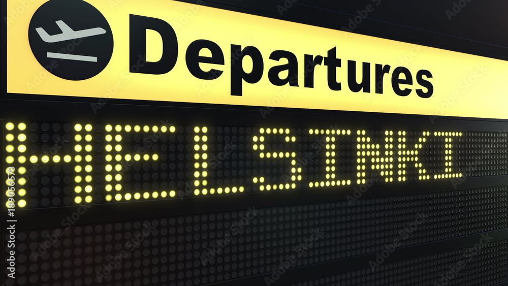 Flight to Helsinki on international airport departures board. Travelling to Finland conceptual 3D rendering